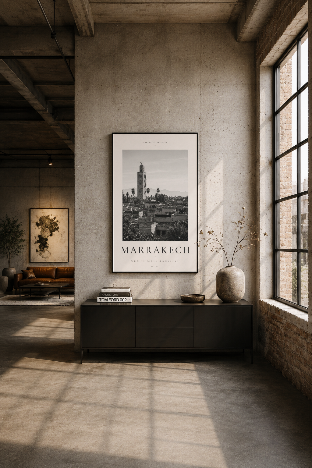 Endüstriyel loft dekorasyon, duvarında siyah çerçeveli Marrakech posteri ve minimal stil aksesuarlar.