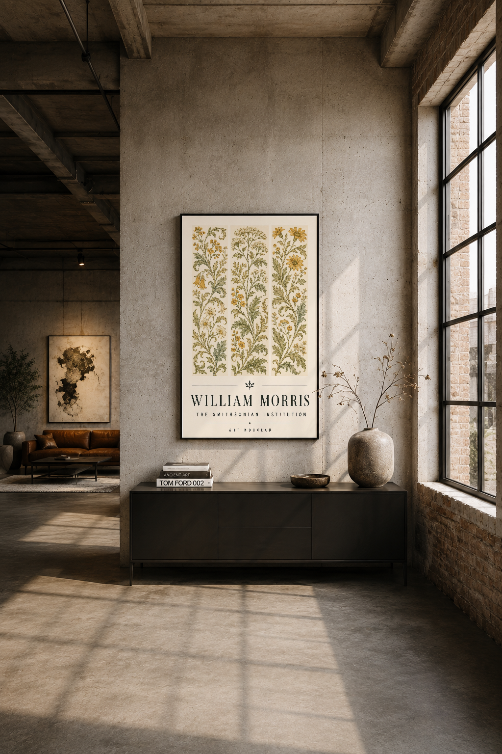Endüstriyel loft ortamında, beton duvar üzerine siyah çerçeveli William Morris botanik tablo sergilenmesi.
