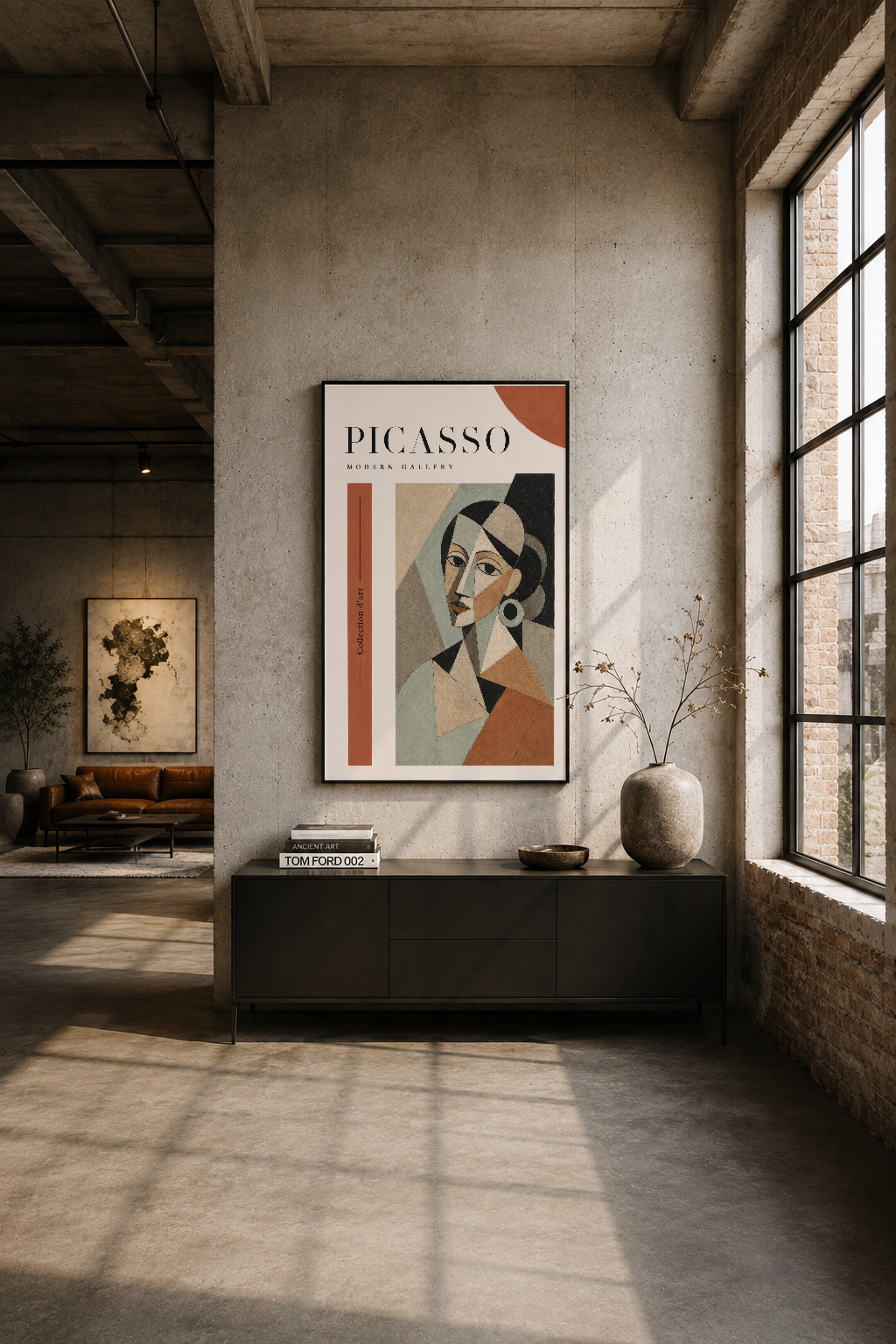 Endüstriyel loft duvarında siyah çerçeveli Picasso tablosu, betona karşı kübist stilin cesur bir ifadesidir.
