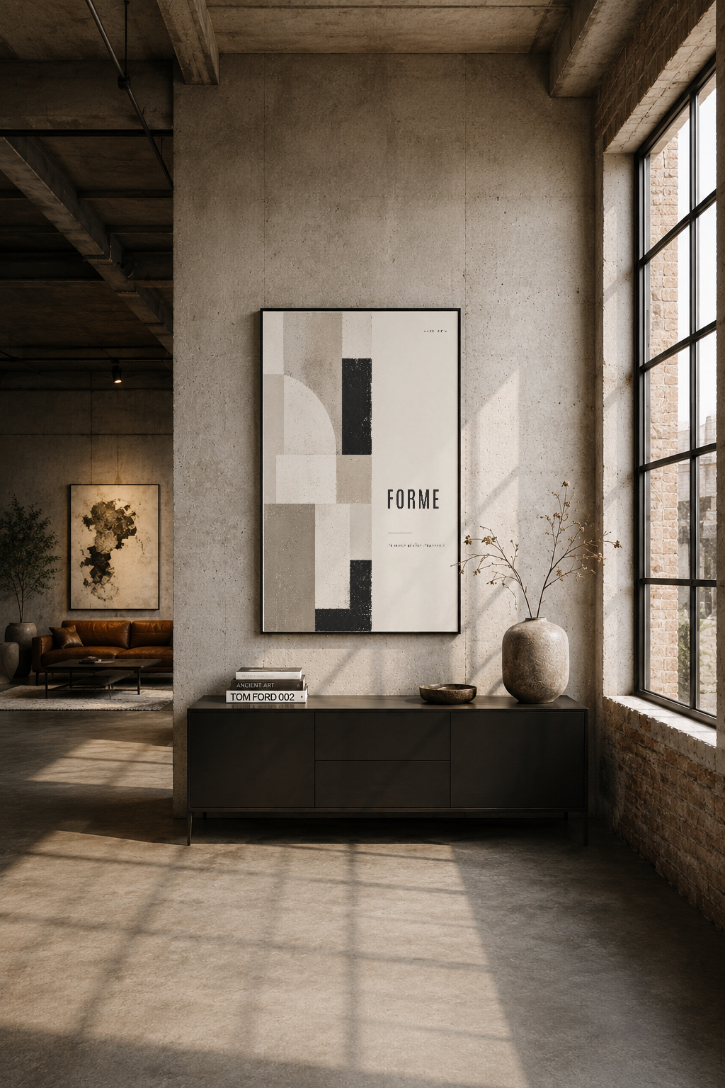 Forme tablosu siyah çerçeveli, endüstriyel loft tasarımlı modern oturma alanında.