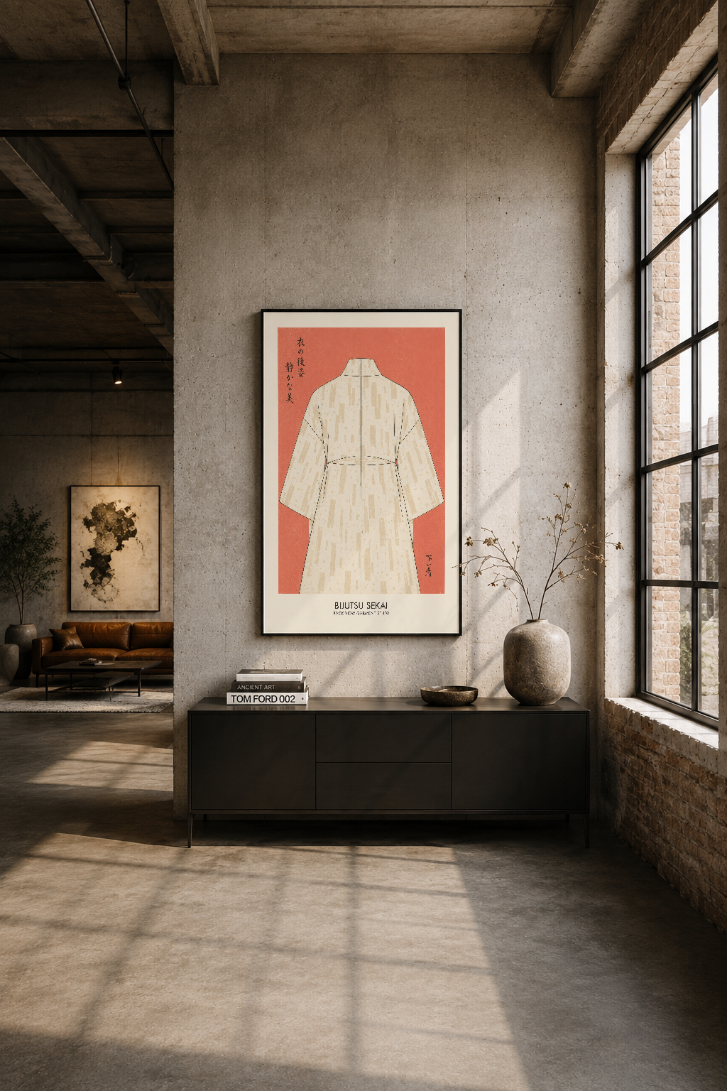 İndüstriyel lofrtta, siyah çerçevede mercan kırmızı ve krem renkli kimono posteri zengin dekorasyon.