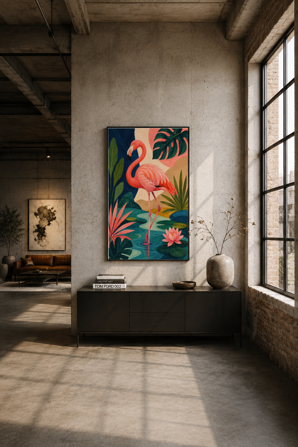Endüstriyel loft ortamında siyah çerçeveli flamingo tablosu, beton duvarın üstünde.