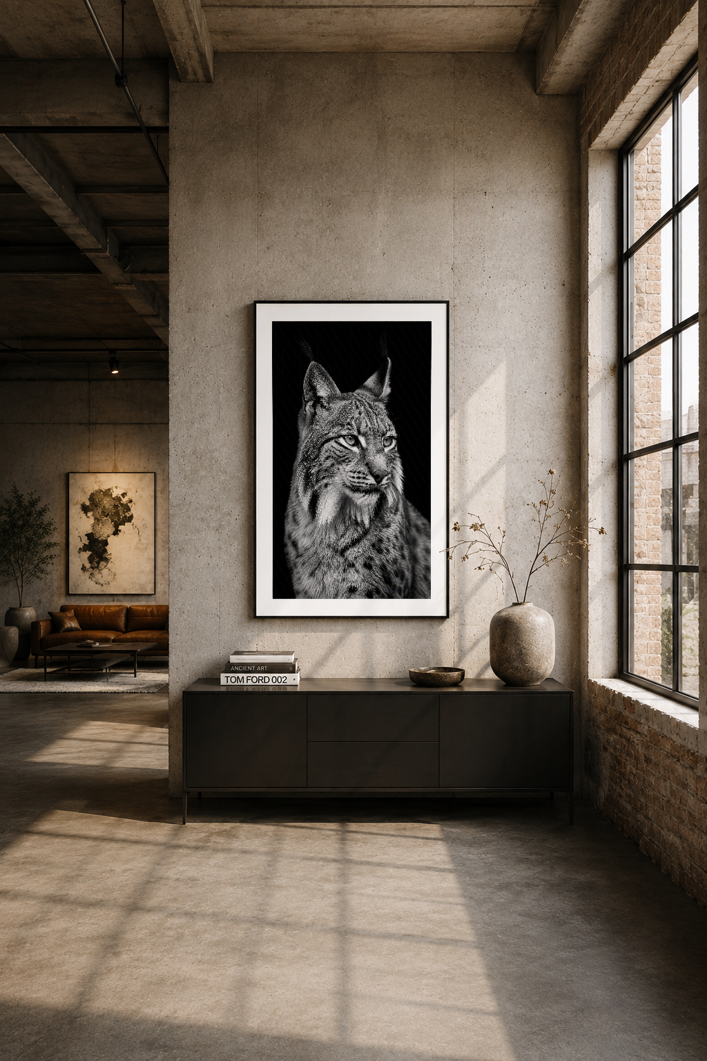 Industrial loft alanında, kaplan portresi tablosu, modern sanat koleksiyonu, aslan başı dekorasyonu.