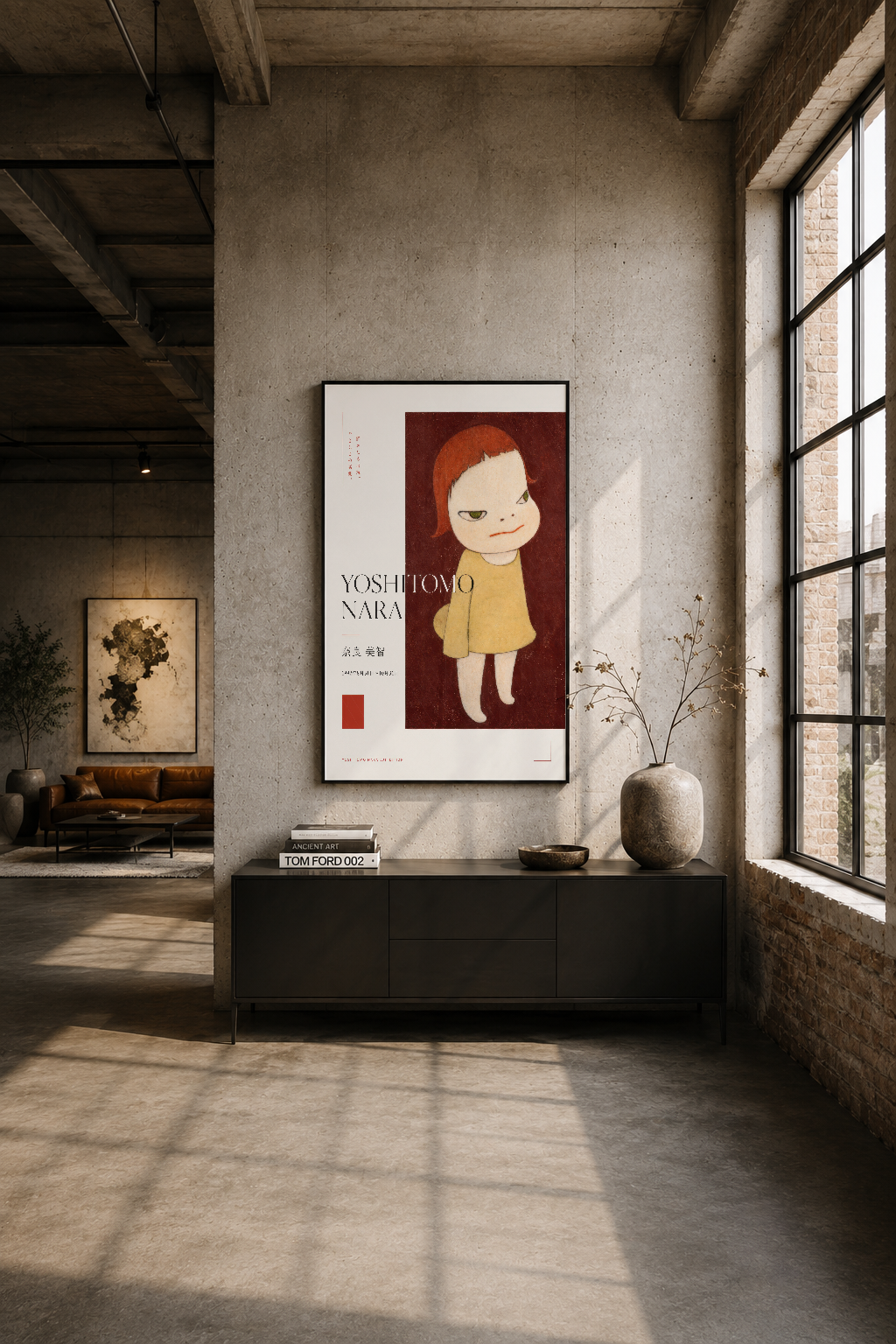 İndüstriyel betonlu duvarı süsleyen siyah çerçeveli Nara posteri, modern loft dekorasyonunda.