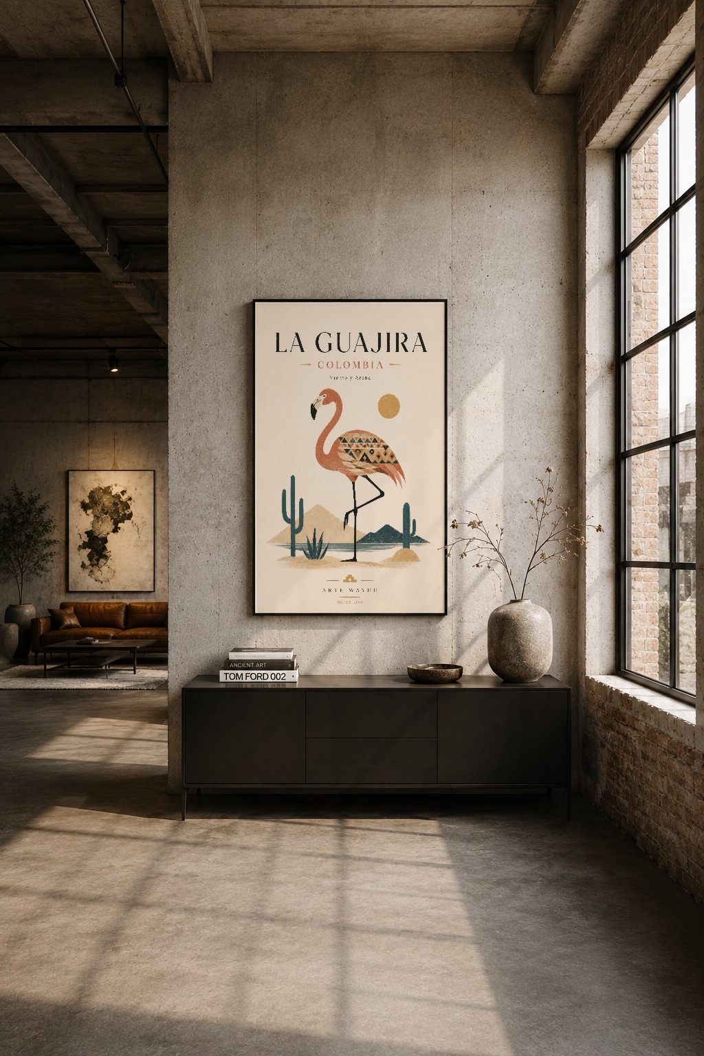 Modern endüstriyel alanda duvar çerçevesinde sergilenen La Guajira Colombia flamingo tablosu.