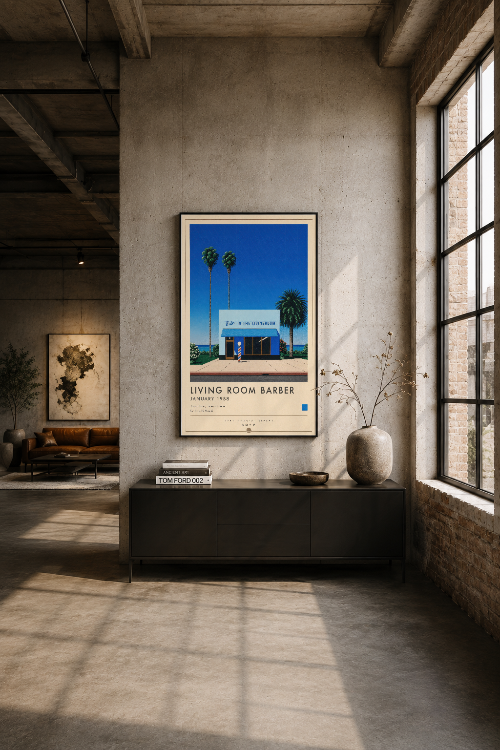 İndüstriyel tasarımlı oturma alanında siyah rafın üstünde Living Room Barber tablosu.