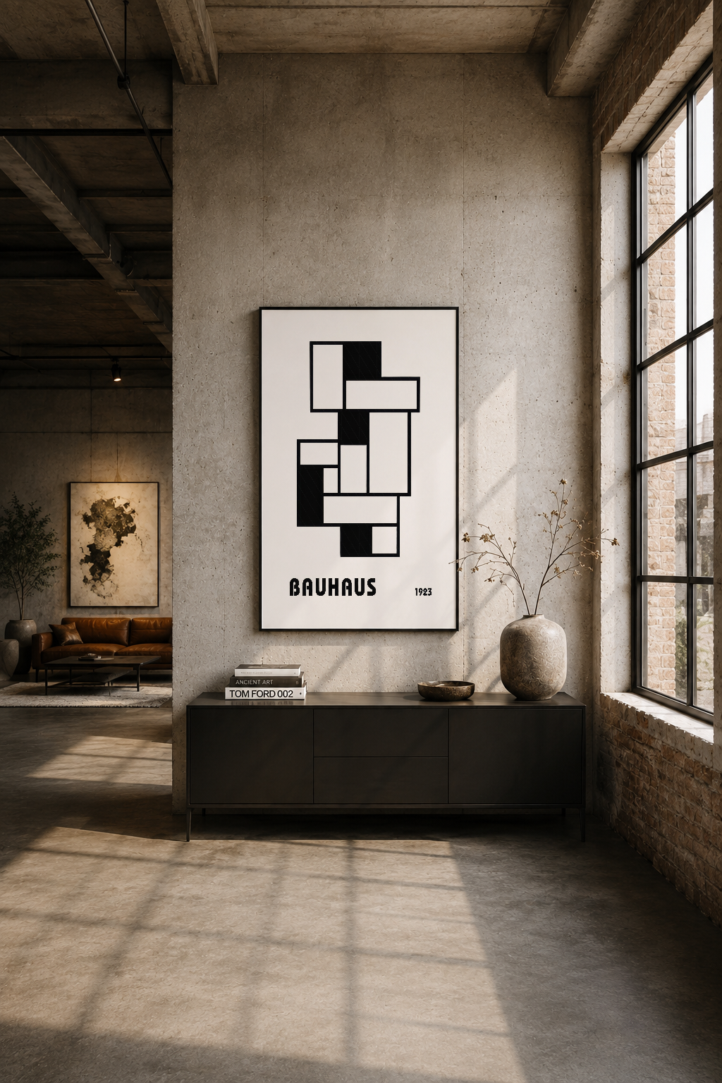 Endüstriyel loft mekanda, beton duvarın üzerinde Bauhaus posterinin geometrik çizgileri vurgulanıyor.