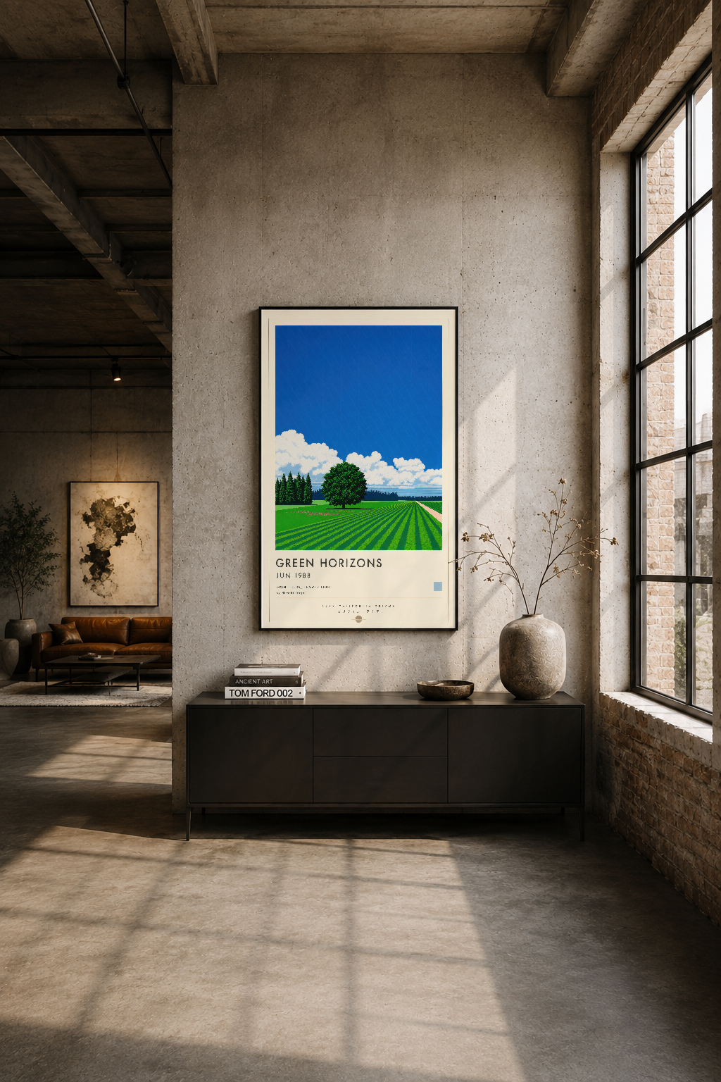 Modern endüstriyel alanında, siyah komidin üzerinde asılı Green Horizons tablosu, gün ışığıyla etkileyici görünüm sunar.