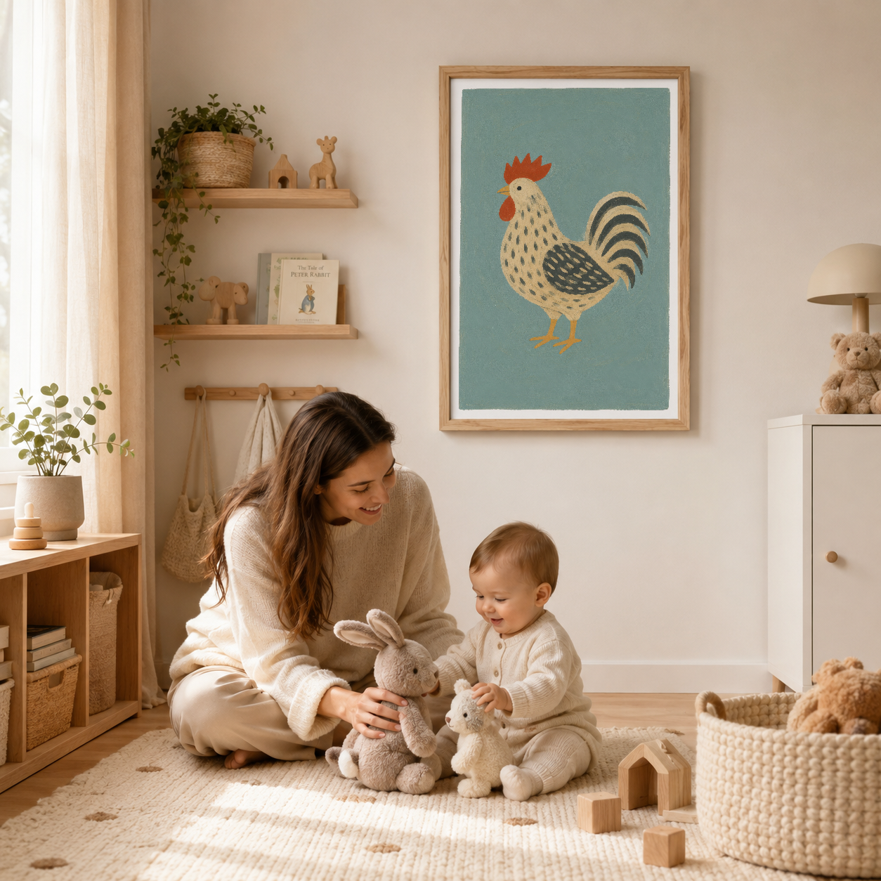Ahşap çerçeveli horoz tablosu çocuk oyun odasının dekoratif unsuru.
