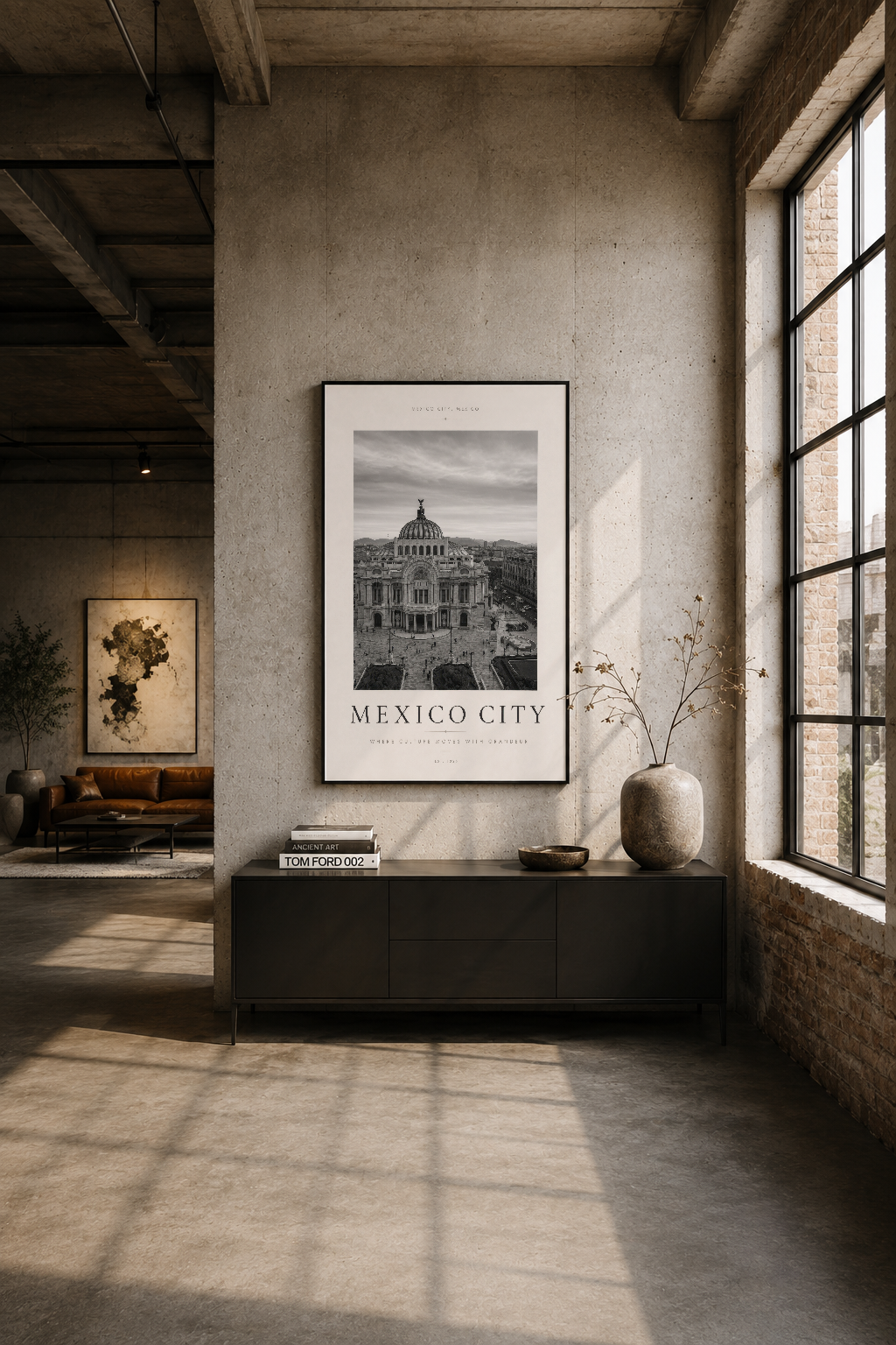Industrial tarzı pencereli mekanda siyah çerçeveli Mexico City posteri, şık duvar dekoru.