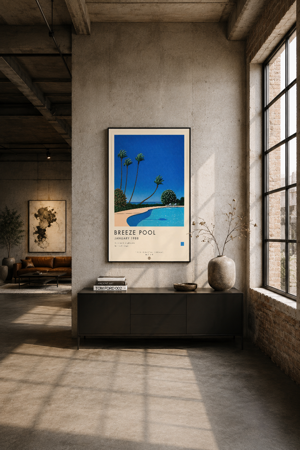 Breeze Pool posteri endustri tarzı odada, siyah konsol üzerinde saksı ve dekoratif nesnelerle.