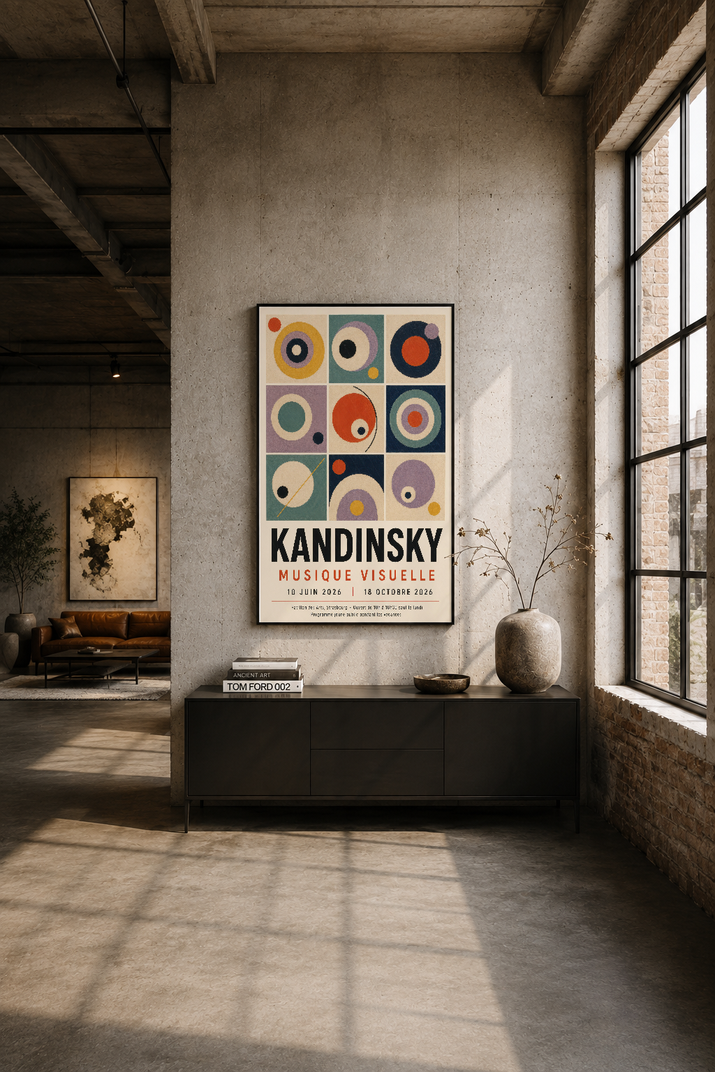 Endüstriyel loft duvarında siyah çerçeveli Kandinsky posteri, beton ve doğal ışıkla modern dekorasyon.