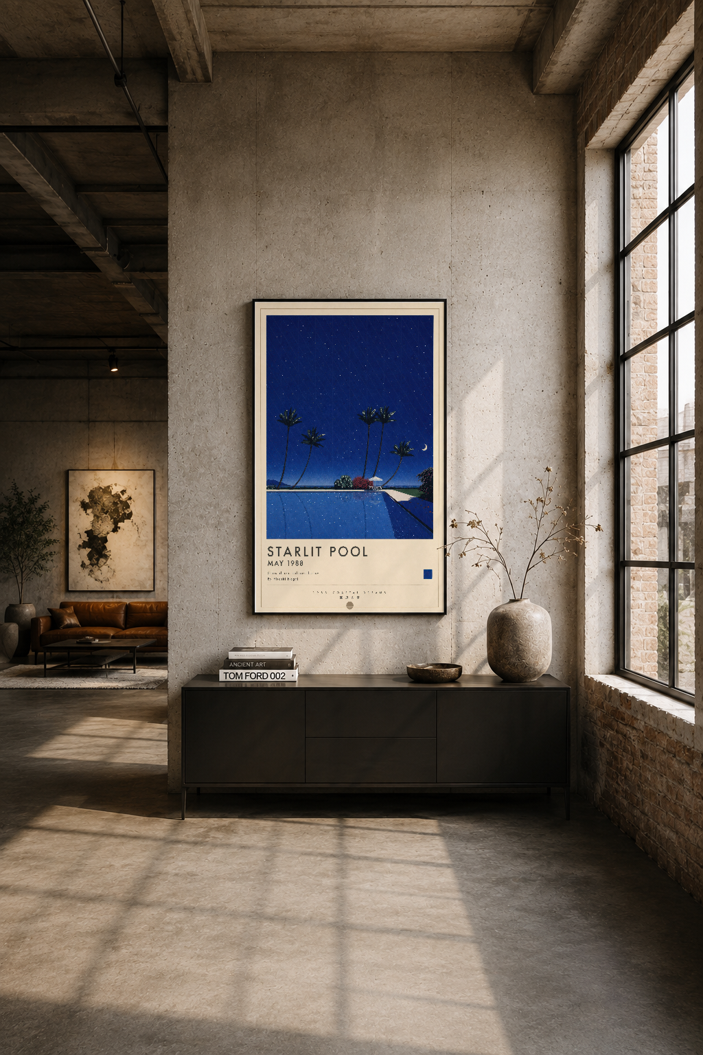 Modern loft tarzı odasında betonlu duvarın üzerine asılan Starlit Pool posteri, minimalist iç tasarımı tamamlayan sanat