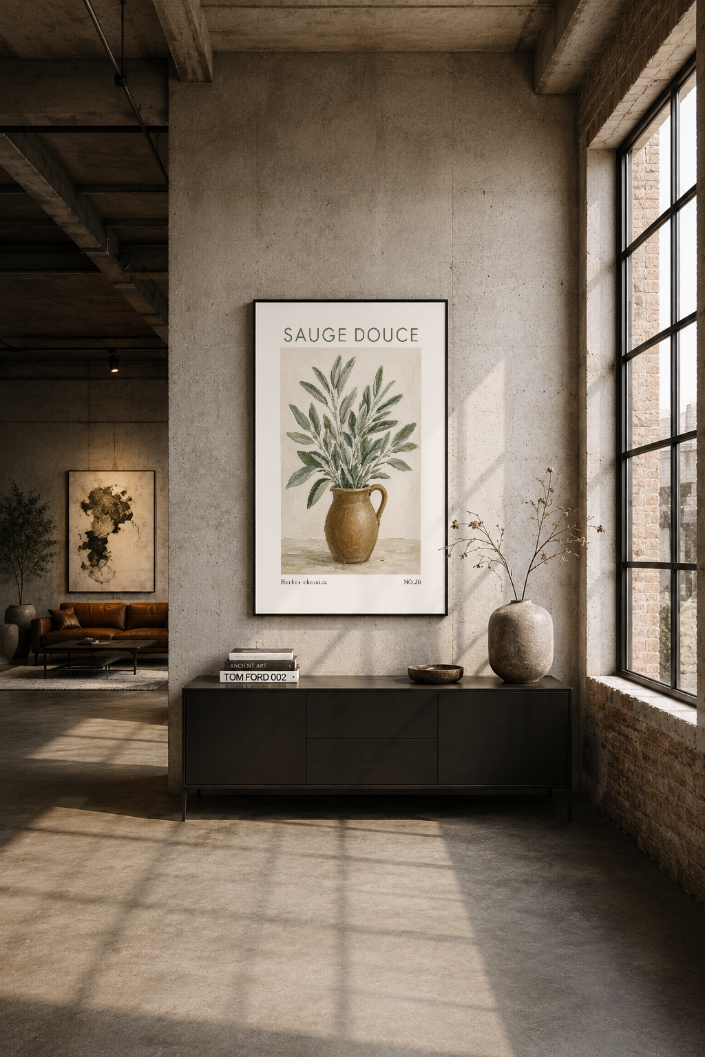 Endüstriyel loft alanında geniş pencere yanında, siyah raf üzerinde asılı botanik poster.