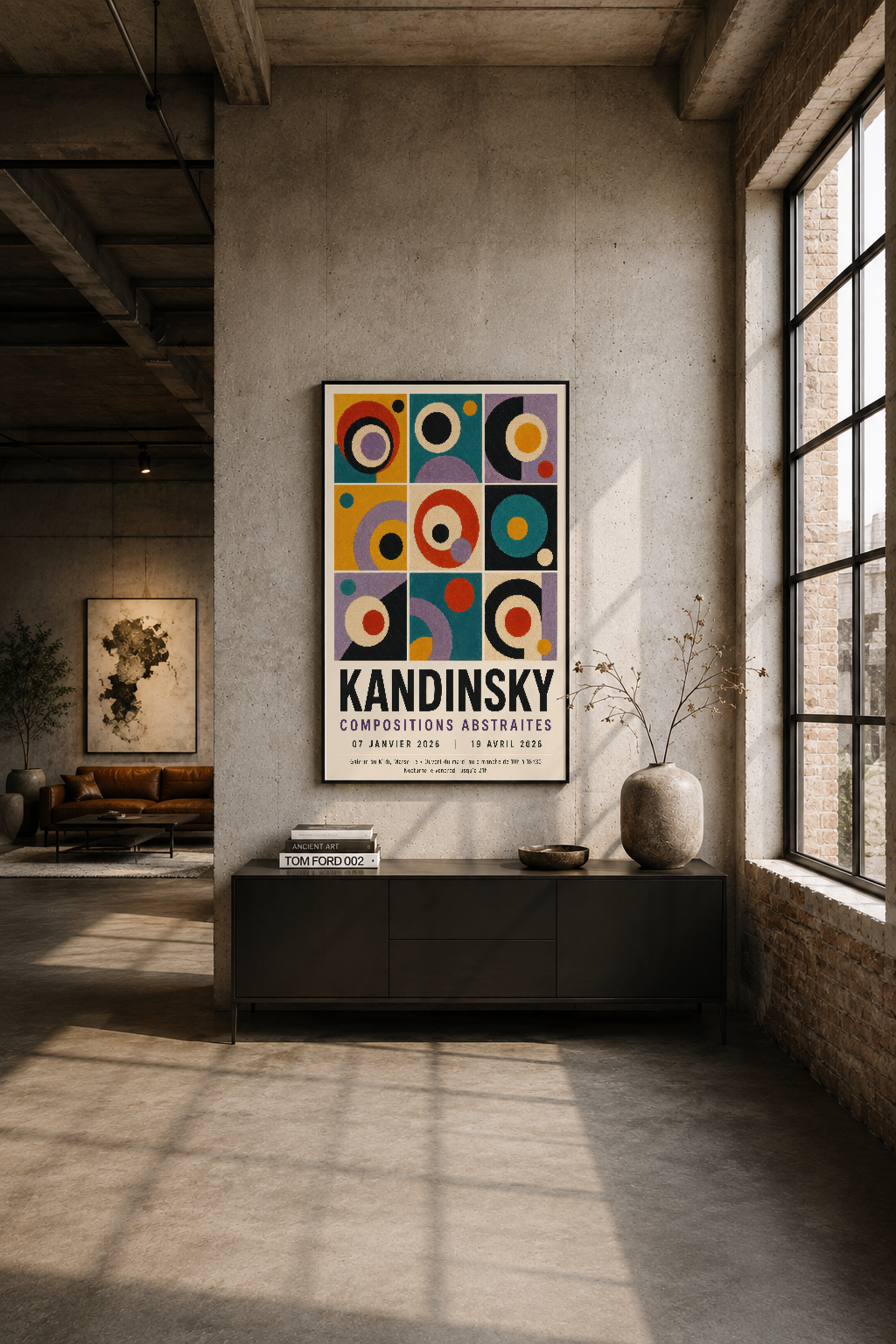 Industrial tarzı beyaz duvarda siyah çerçeveli Kandinsky tablosu, konsol üstünde sergilenen soyut sanat.