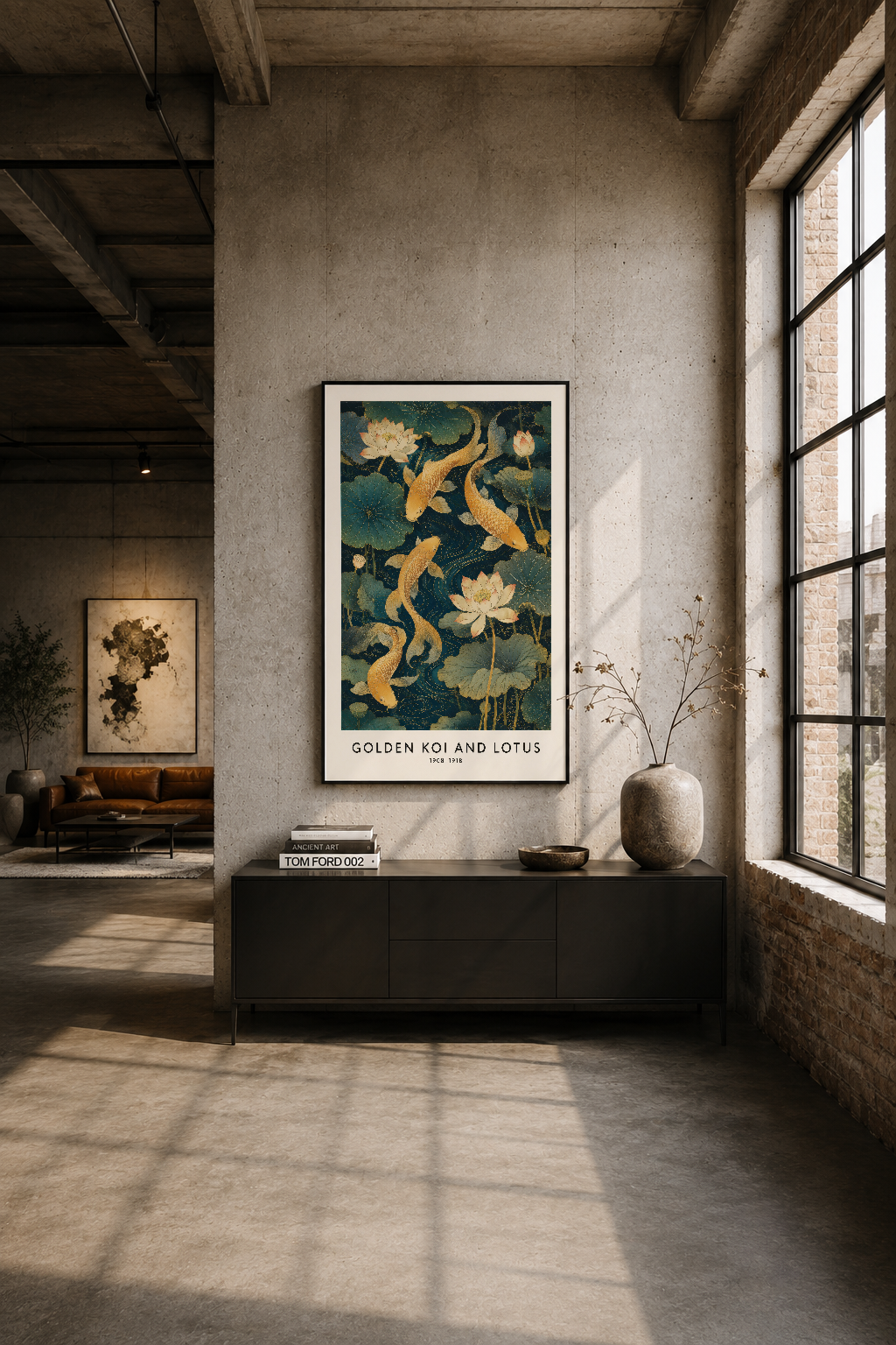 Modern loft odasında siyah çerçeveli tablo, beton duvar üzerinde altın balıklar ve lotus desenini göstererek rustik mekanı