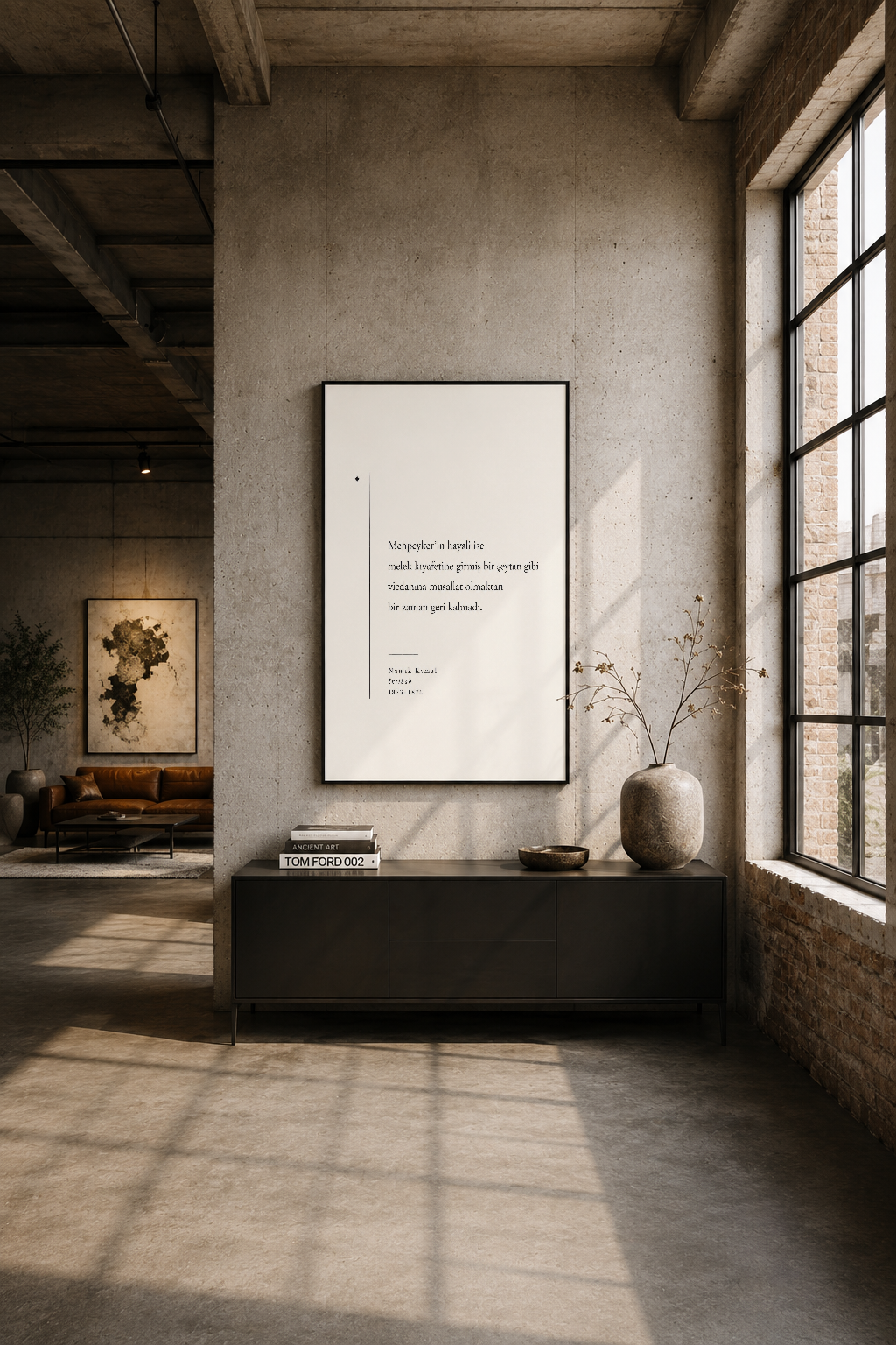 Betonda endüstriyel loft stilinde, siyah çerçeveli poster duvar sanatı çağdaş iç tasarımı tamamlıyor.