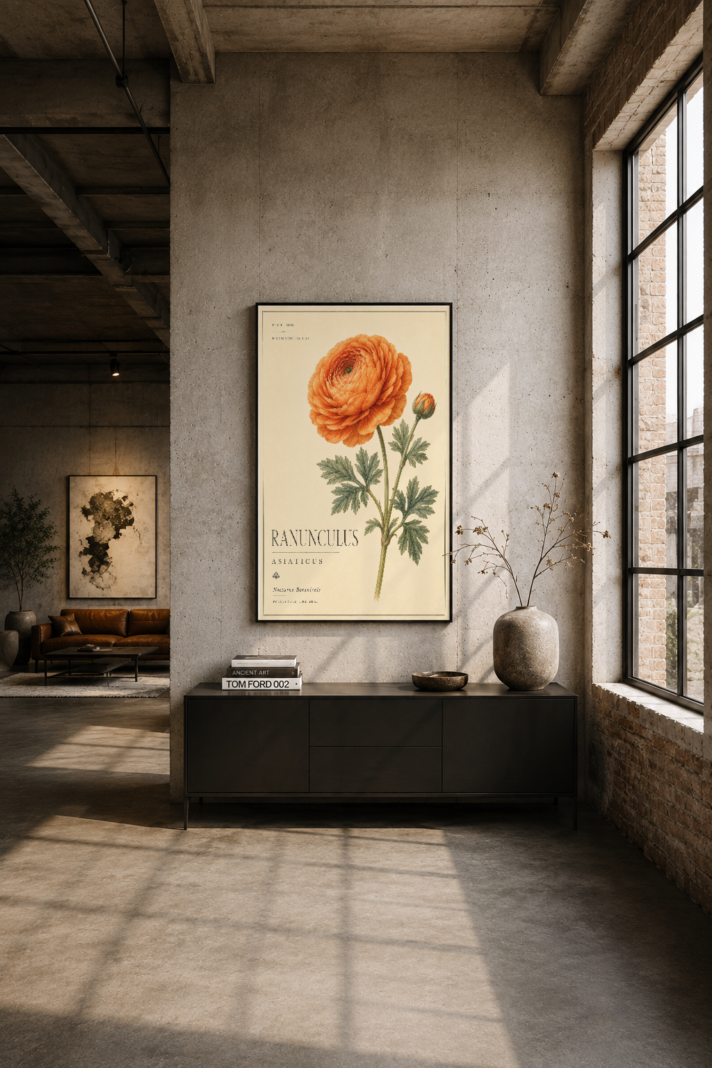 Endüstriyel alanda siyah konsol üstünde sergilenen Ranunculus tablosu, minimalist iç tasarımını tamamlıyor.