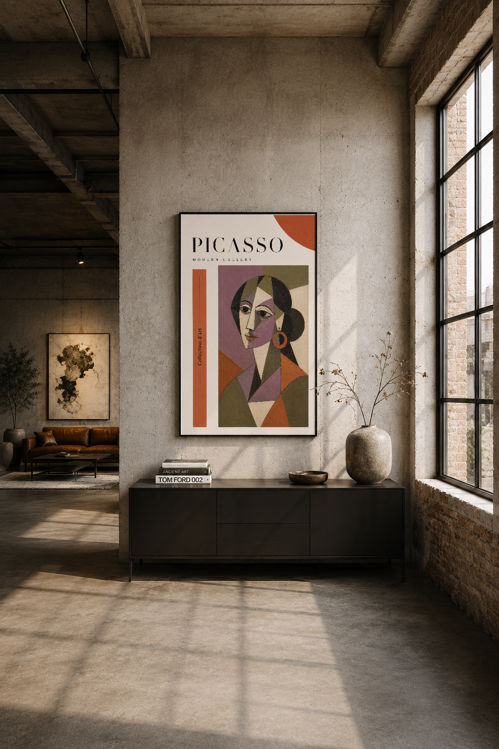 Industrial loft ortamında, siyah çerçeveli Picasso Modern Gallery duvar tablosu, pencerenin yanında sergileniyor.