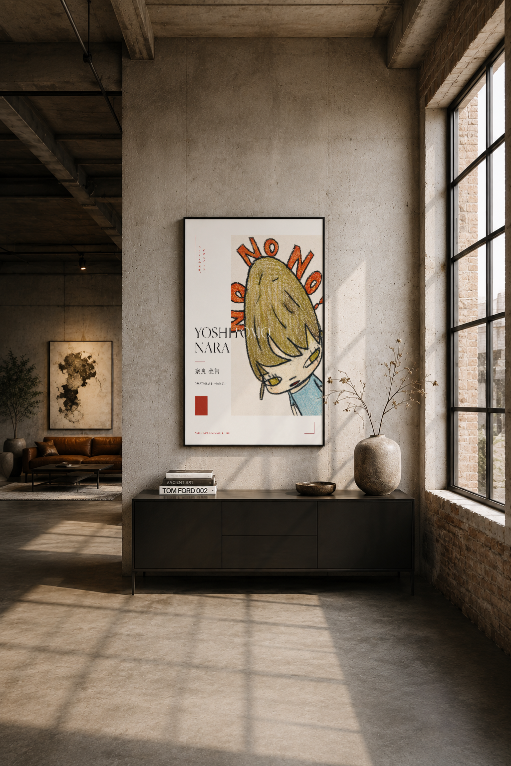Industrial loft alanında siyah çerçeveli Nara posteri, beton duvar ve geniş pencereler arasında minimalist duvar sanatı.