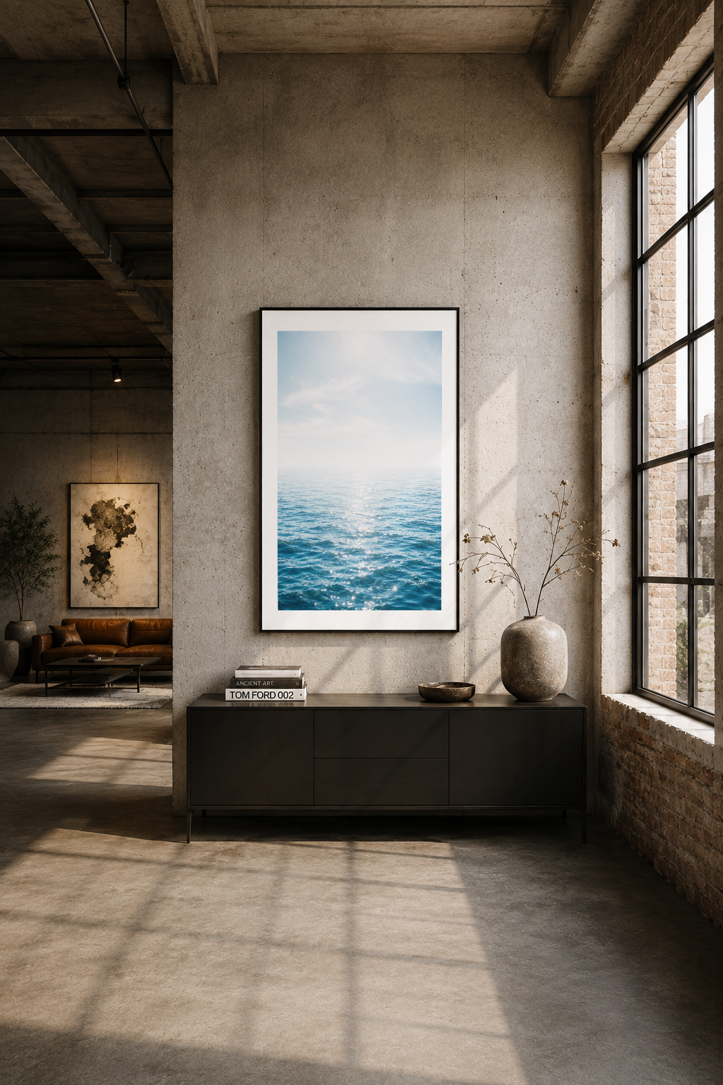 Modern loft tarzı oturma alanında, siyah çerçeveli deniz tablosu ışılı duvarı süslüyor.