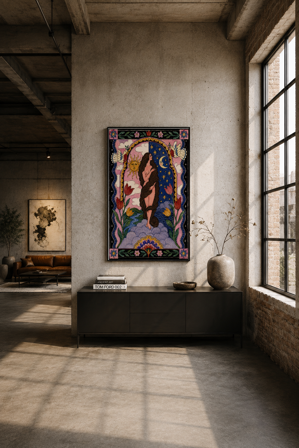 Modern loft ortamında, siyah çerçeveleme içinde duvarın ön sırasında sanat postu.