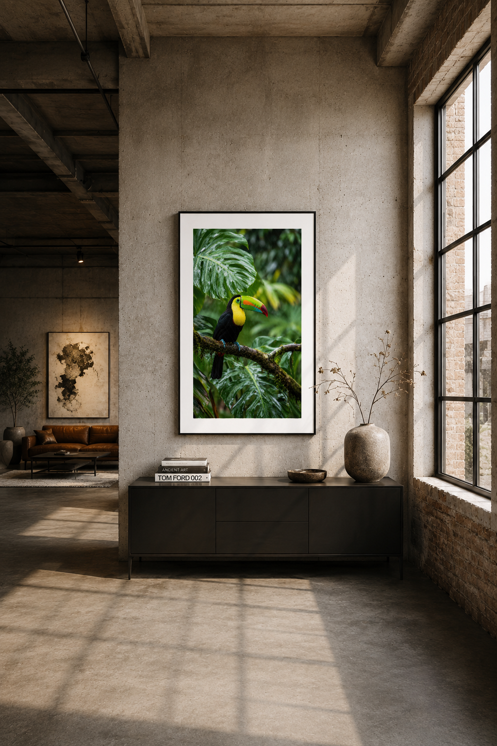 Modern endüstriyel oturma odasında, toucan kuşu posterinin siyah çerçeveli halı asılı, dekoratif bir parça.