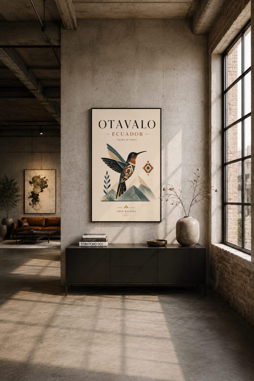 Modern loft odasında çerçeveli Otavalo Ecuador duvar tablosu, endüstriyel tasarımla vurgulu.