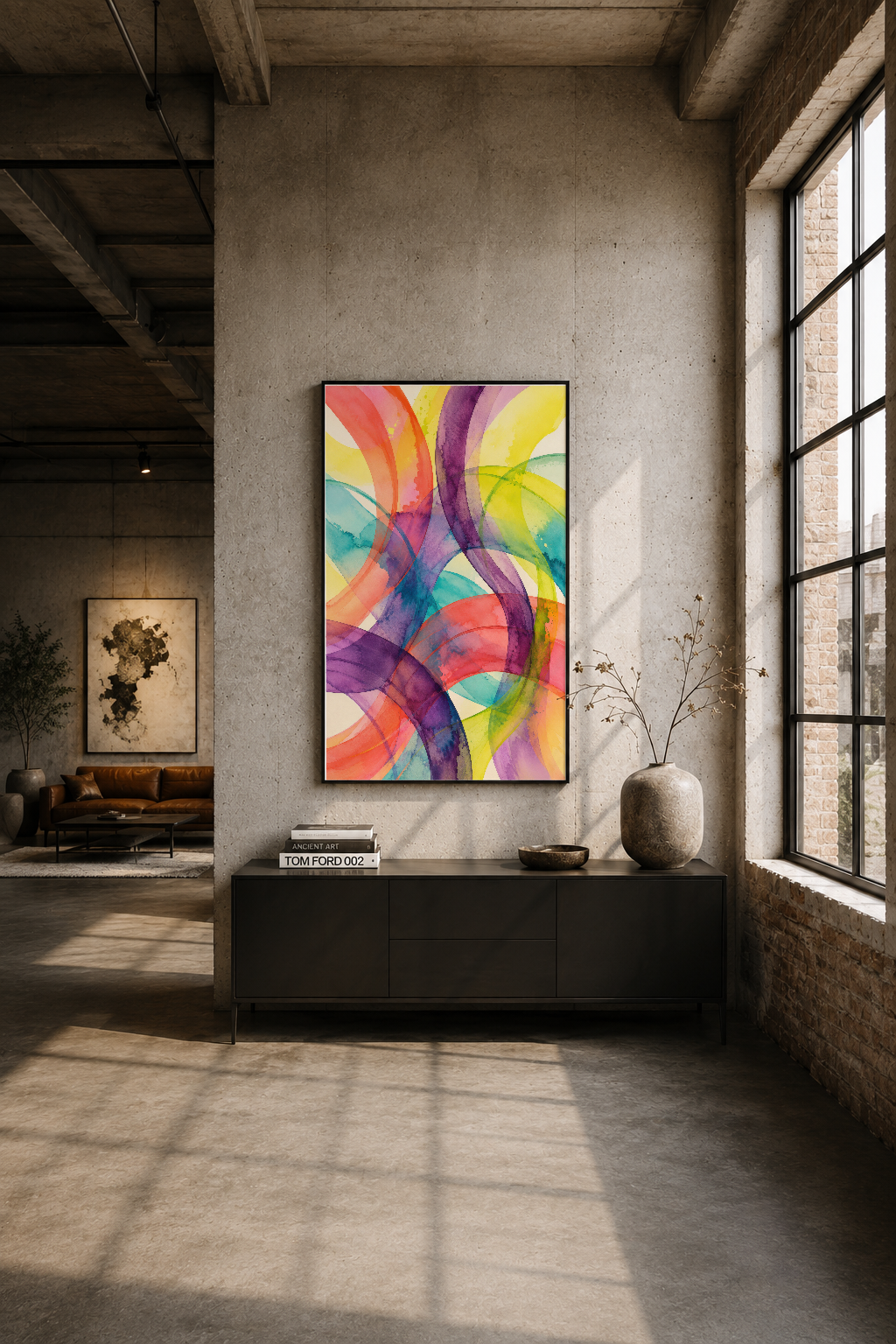 Modern loft'ta, sade duvar üzerinde asılı renkli soyut tablo, endüstriyel iç tasarımı tamamlayan göz alıcı sanat parçası.