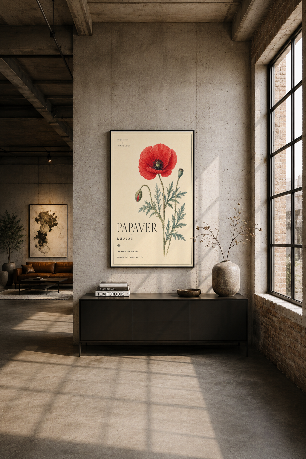 Modern loft ortamında siyah çerçeveli gelincik posteri, beton duvarda sergilenmiş botanik sanat.