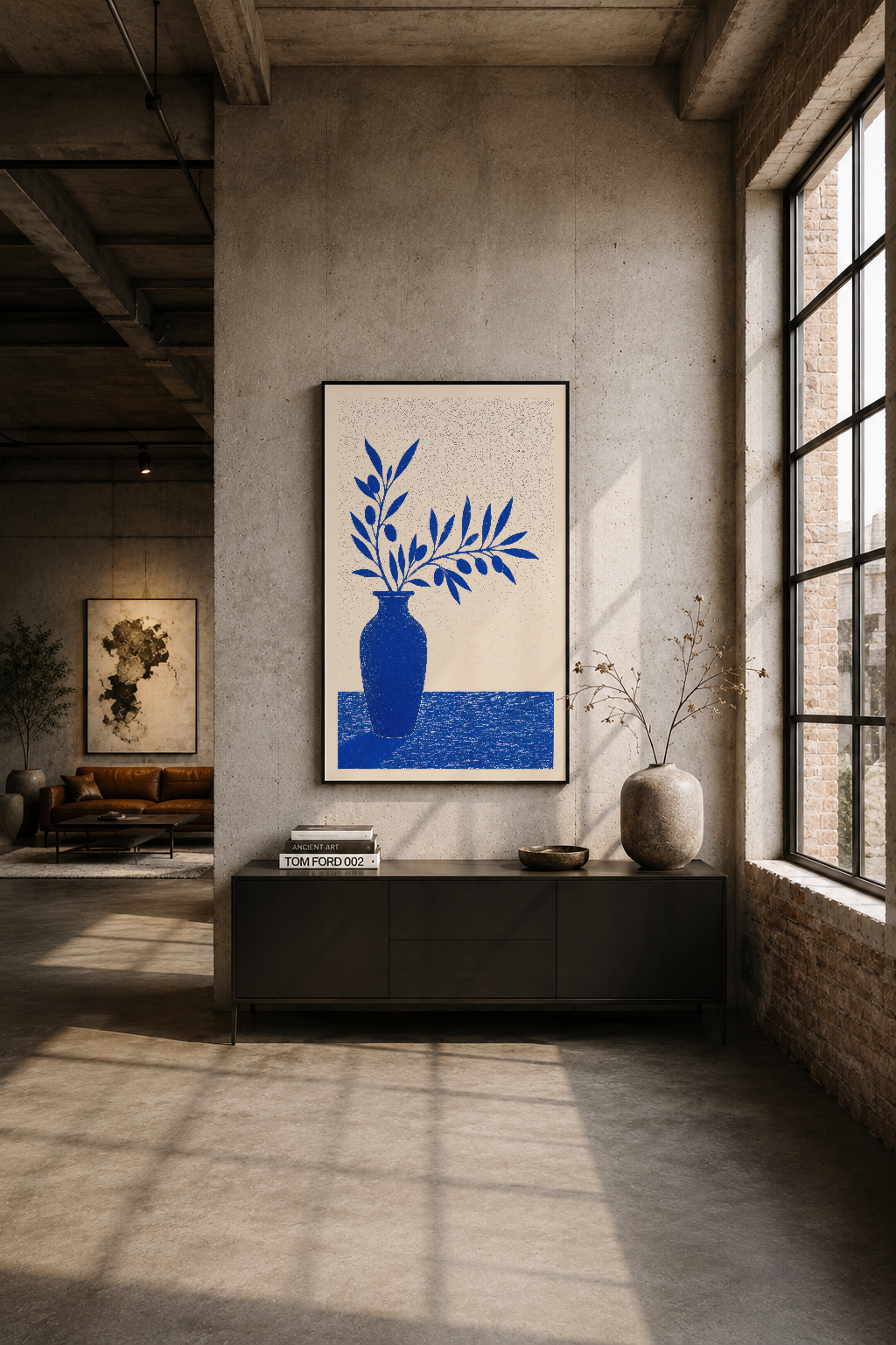 Industrial loft dekorunda, siyah çerçeveli tablonun kobalt mavi vazo tasarımı modern şıklığı vurgular.