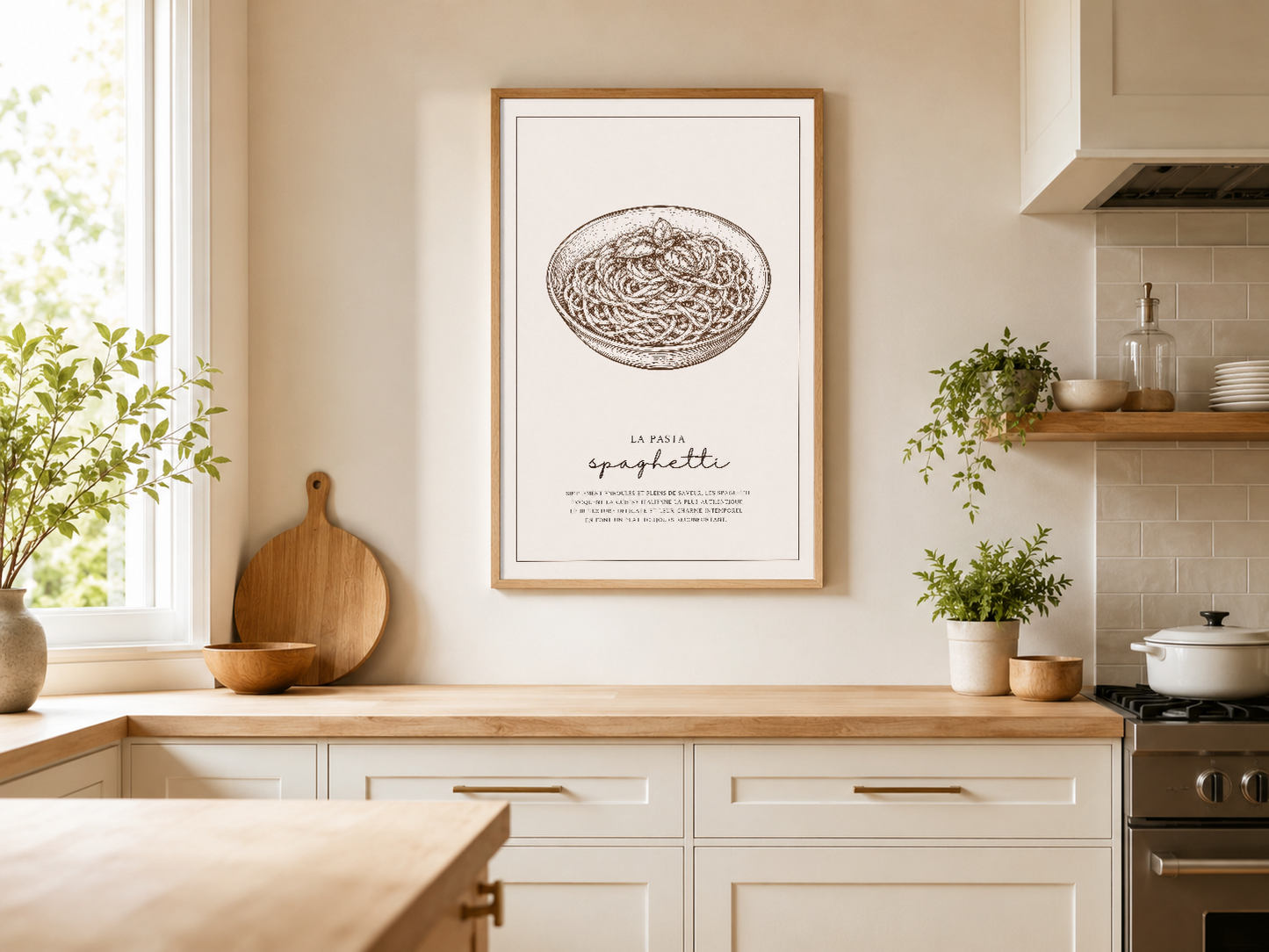 Ahşap çerçeveli spaghetti posteri, modern mutfakta tezgâhın üstünde sergilenen duvar tablosu.