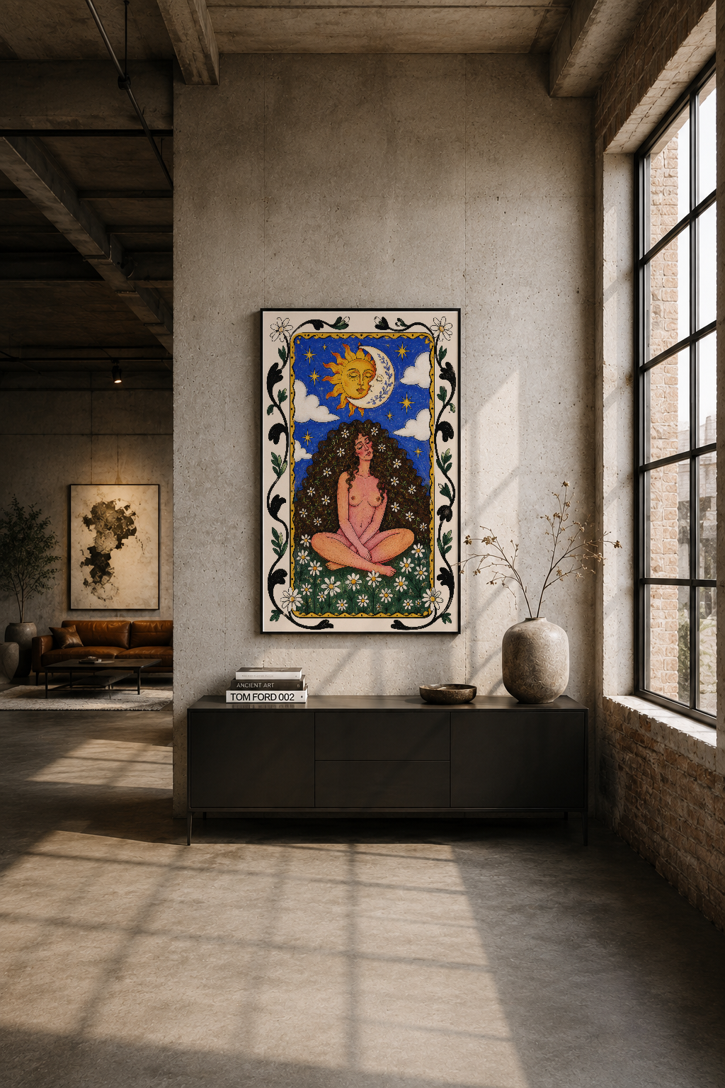 Modern loft alanında siyah konsol üstüne asılı mistik duvar tablosu, endüstriyel dekorasyonda.