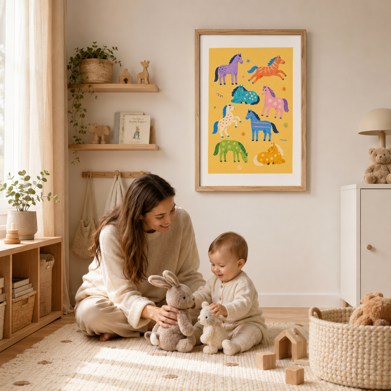 Çocuk odasındaki ahşap çerçeveli atlar posteri, anne-çocuk oyun anında duvar dekorasyonu.