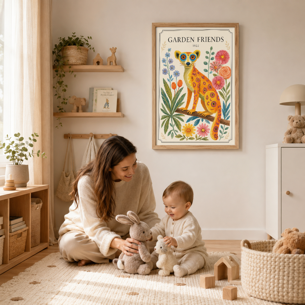 Sarı Pembe Leopar ve Çiçekler Botanik Vintage Duvar Tablosu