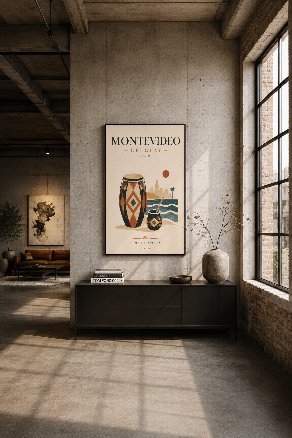 Modern loft tarzı odada siyah çerçeveli Montevideo posteri, endüstriyel tasarımla uyumlu sanat kolajı.