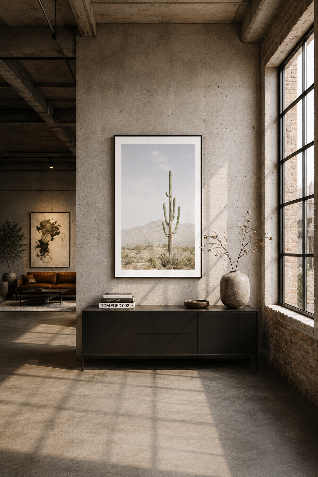 Endüstriyel alanın beton duvarında saguaro kaktüsü tablosu, minimalist dekorasyon anlayışını yansıtıyor.