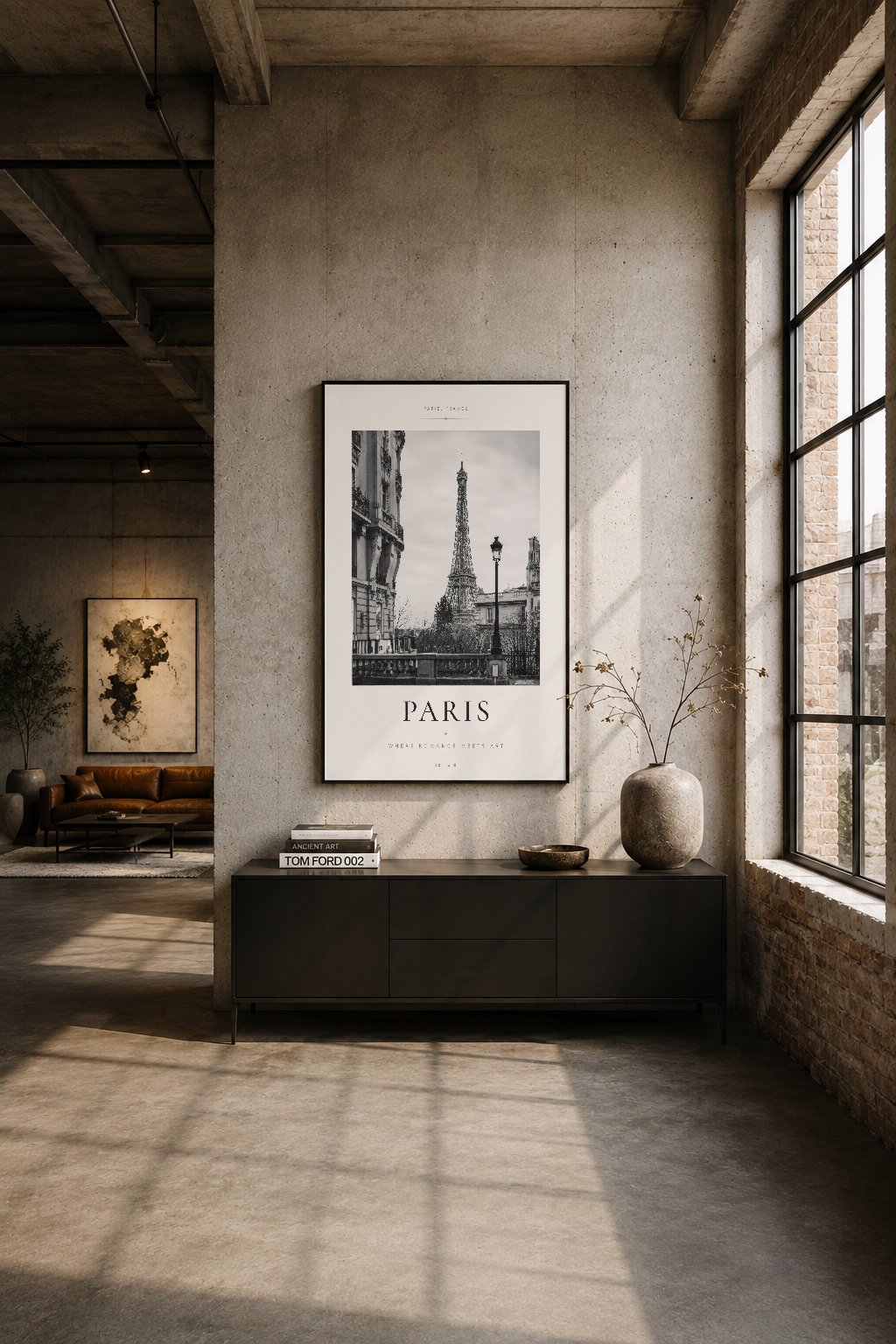 Modern endüstriyel loft içinde, siyah çerçeveli Paris tablosu, betona asılı şık dekorasyon örneği.