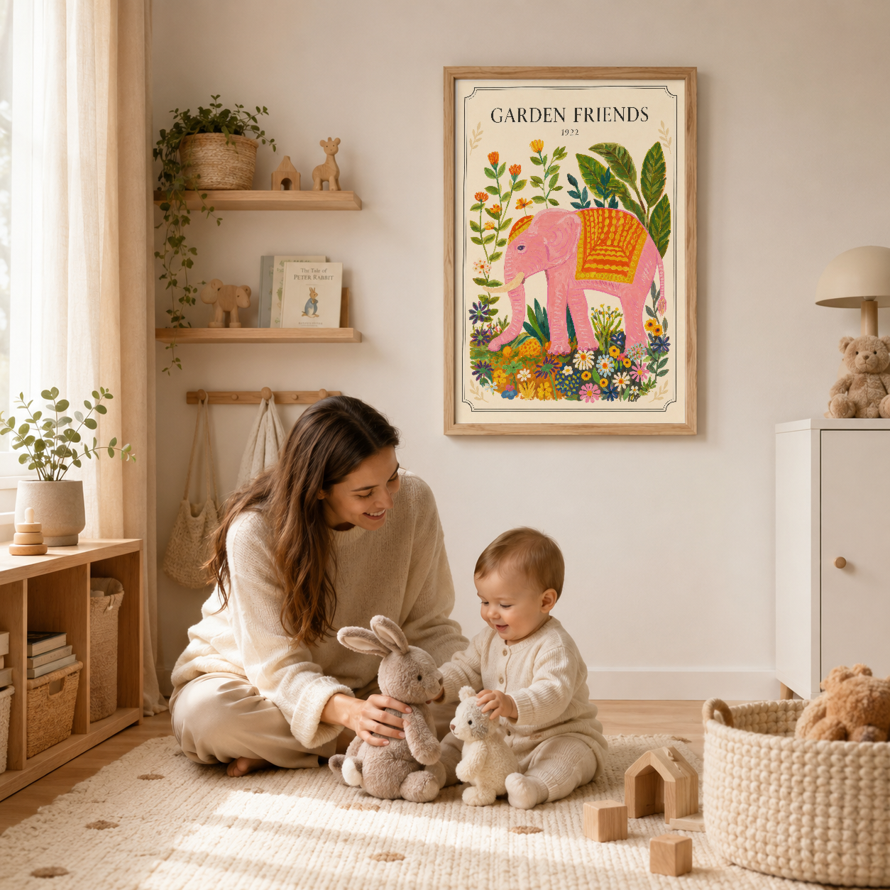 Çocuk odasında ahşap çerçeveli Garden Friends tablosu, pembe fil ve çiçek deseniyle duvarı süslüyor.