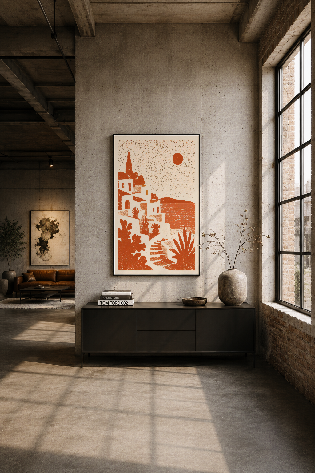 Modern loft tarzı iç mekanda siyah çerçeveli tablo, geniş pencereden gelen ışıkta turuncu-krem renk uyumunun vurgulandığı