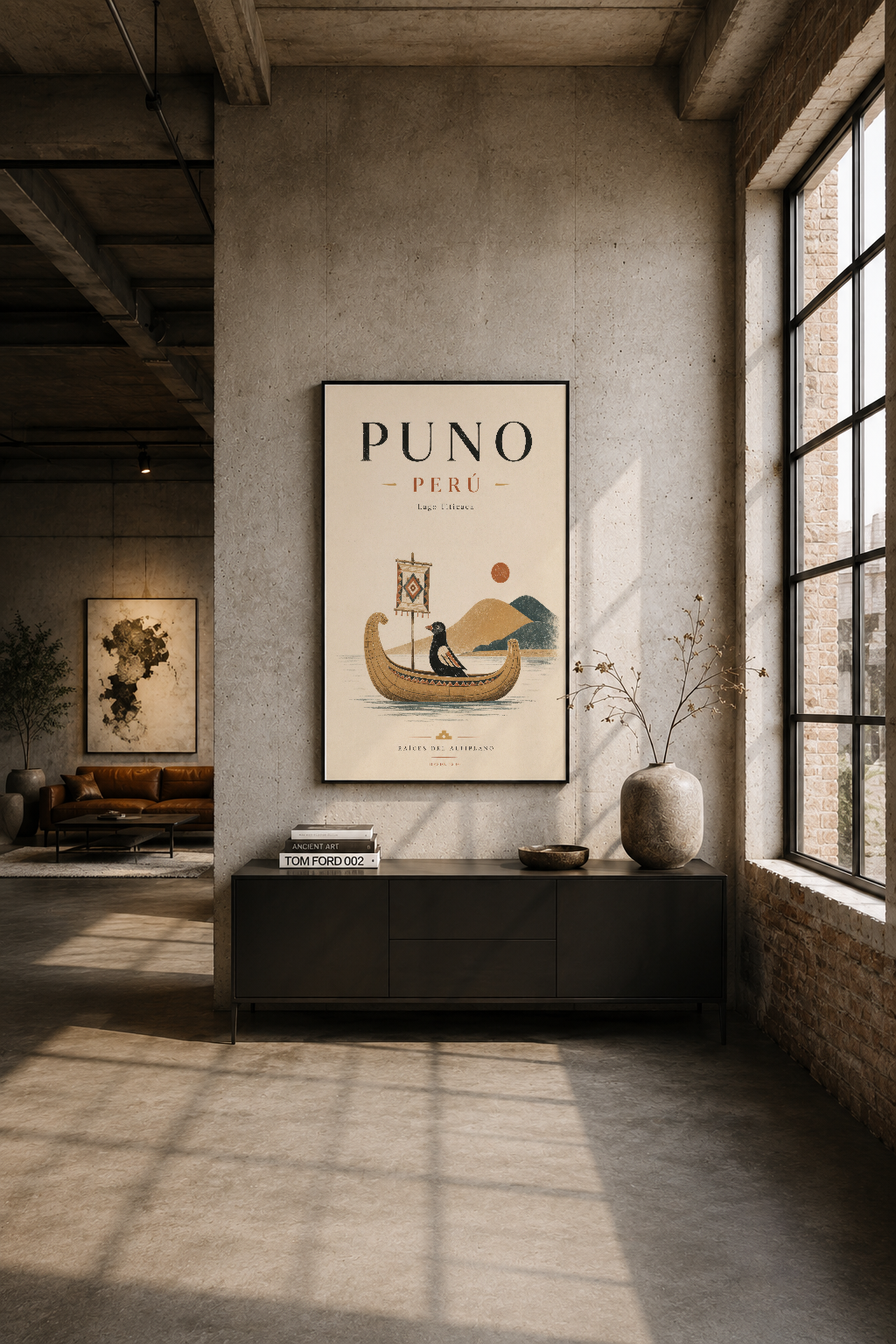Modern loft odasında endüstriyel duvarın üzerinde çerçeveli Puno posteri, mekan karakterine rafine bir dokunuş ekliyor.
