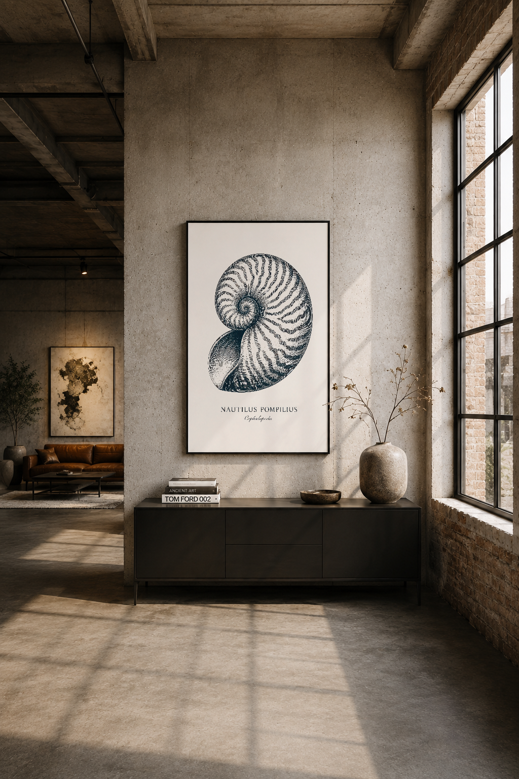 Industrial loft stilinde, betonmuş duvara asılı nautilus tablosu, minimalist seramik aksessuarlarla stillenmiş.