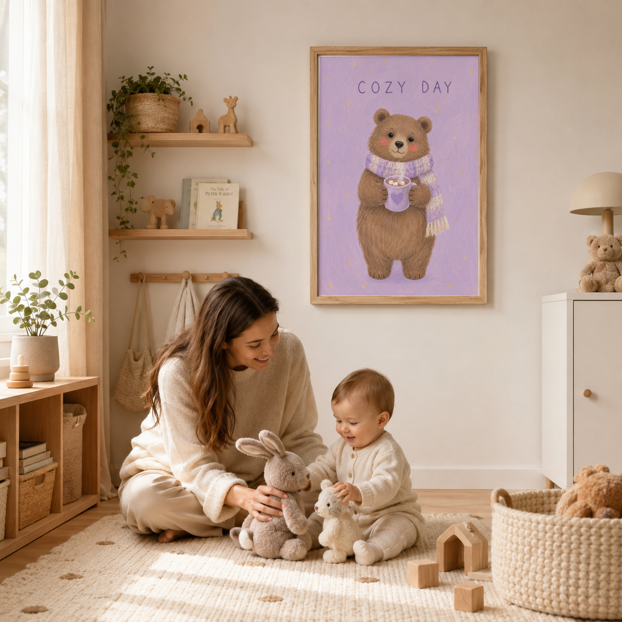 Doğal ışıklı çocuk odasında ahşap çerçevenin içinde, atkılı ayı Cozy Day tasarım posteri.