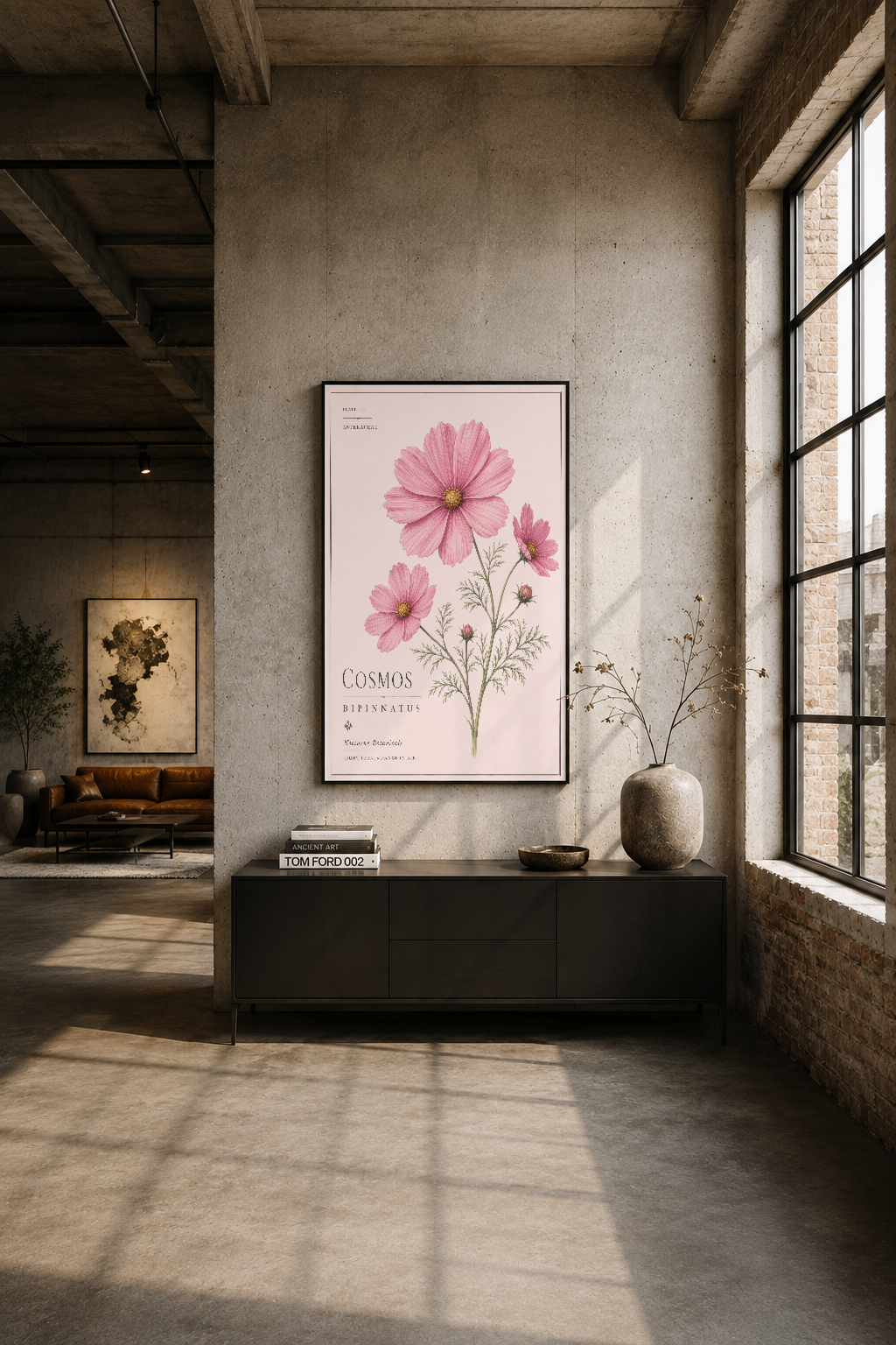 Industrial tarzı apartmanda siyah çerçeveli cosmos poster, sade dekorasyon aksesiyle duvarda asılı.