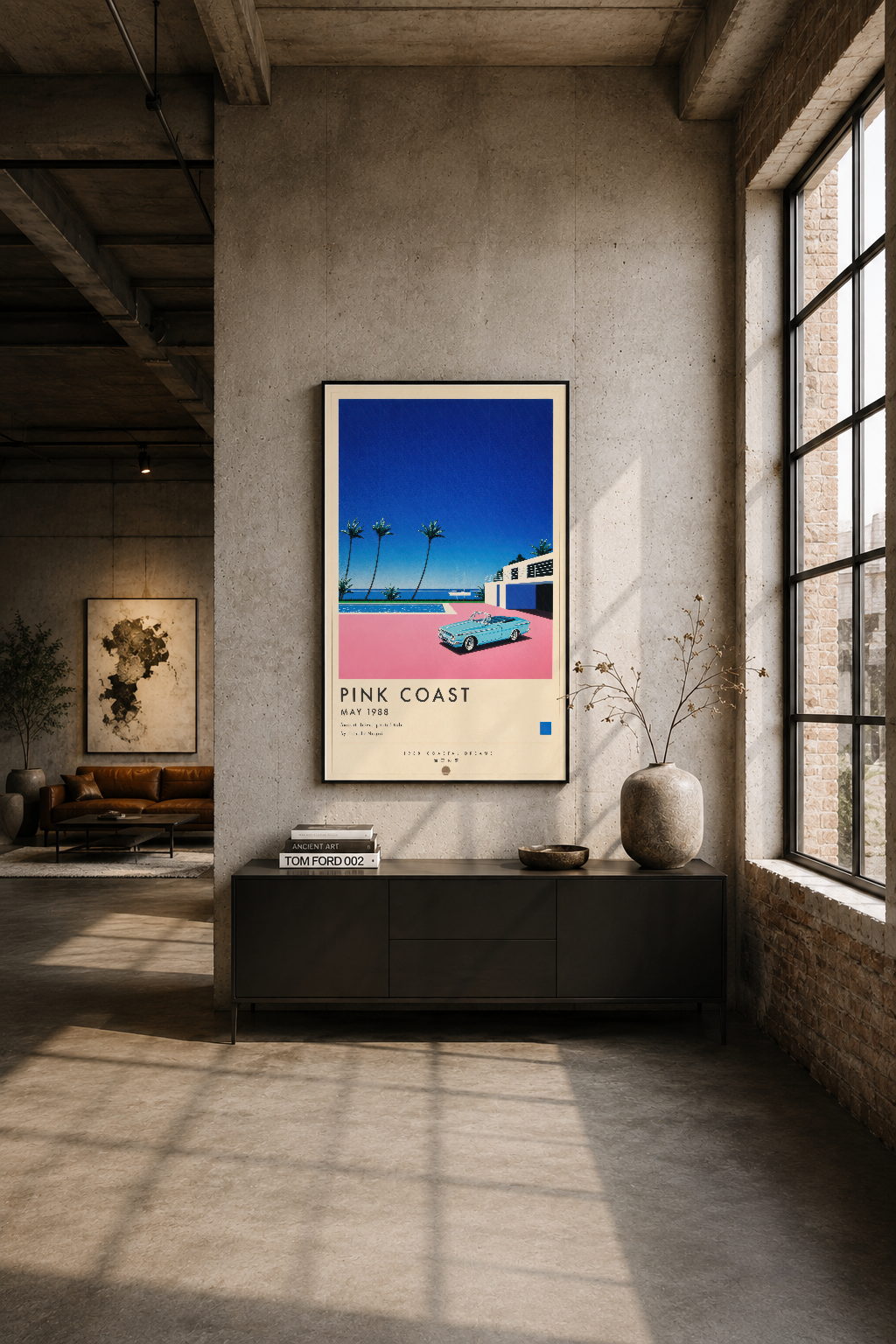 Modern sert mimarideki tasarımcı loft ortamında, Pink Coast posteri duvar sanatı olarak sergileniyor