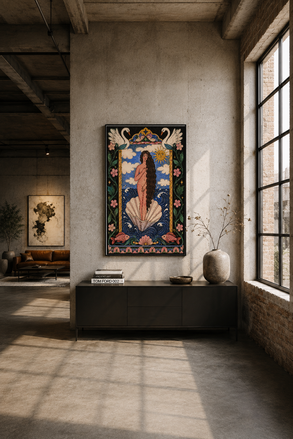 Endüstriyel loft ortamında, siyah çerçeveli mitolojik sanat tablosu beige duvarın odak noktası.