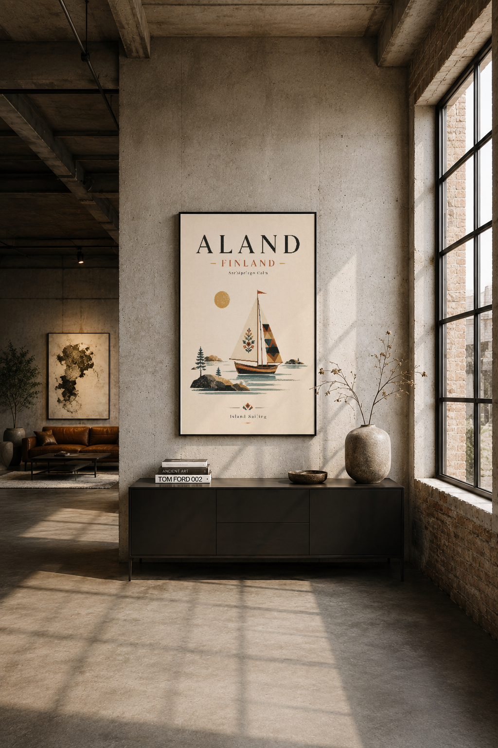 Loft tarzı mekanda Åland Finlandiya posteri, endüstriyel dekor ortamında sade elegans.
