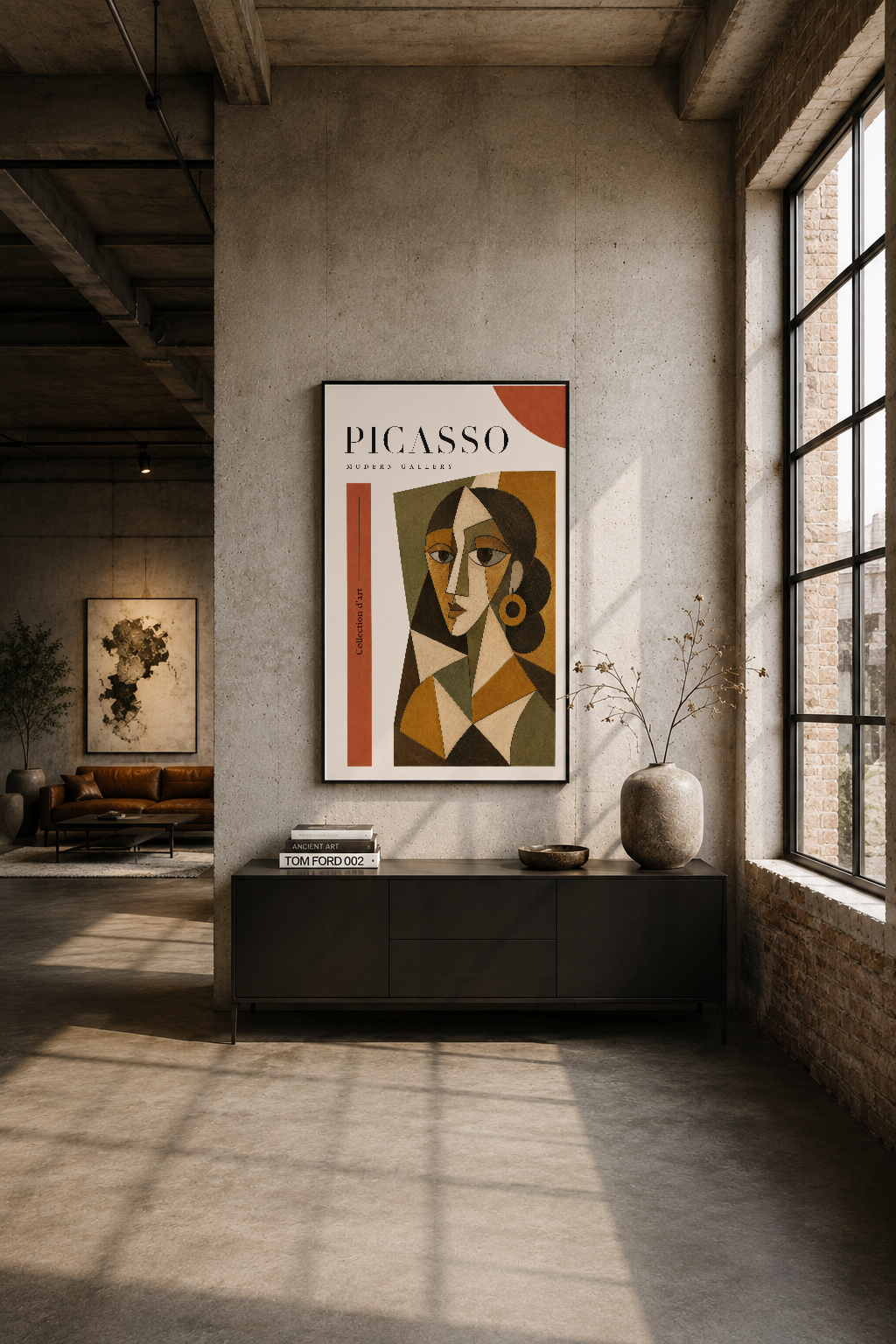 Endüstriyel mekanda siyah çerçeveli Picasso tablosu, beton duvar üstünde sanat galerisi atmosferi oluşturuyor.