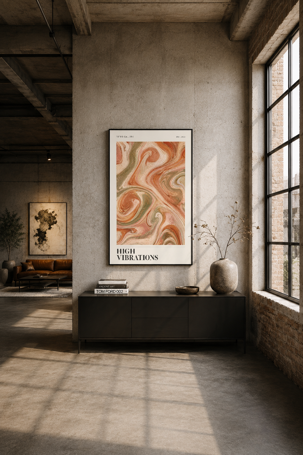 Industrial loft stilinde beton duvar üzerinde siyah çerçeveli mermer desen tablosu, minimalist mekana sanat ve renk katan