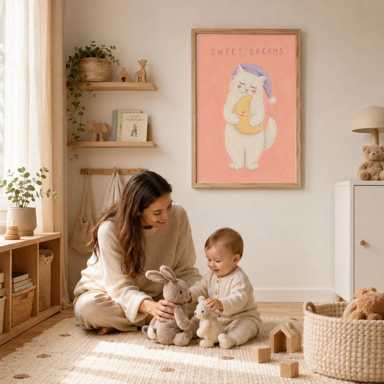 Çocuk oyun odasının duvarında, ahşap çerçevede uyku temalı sevimli kedi posteri.